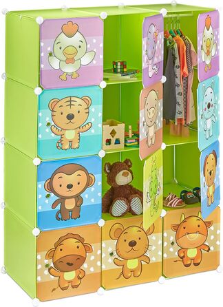 Relaxdays,  Steckregal Kinderzimmer, Tiermotive, Jungen, Türen, Kleiderstangen, Kunststoff Kleiderschrank, 145x110cm, 60%, Standard (Grün)