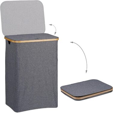 Relaxdays Wäschekorb mit Deckel, 130 l, Wäschesammler Bambus & Polyester, tragbar, atmungsaktiver Wäschesack,  90 10, (66 x 45 x 36.5 cm, Grau/Natur)