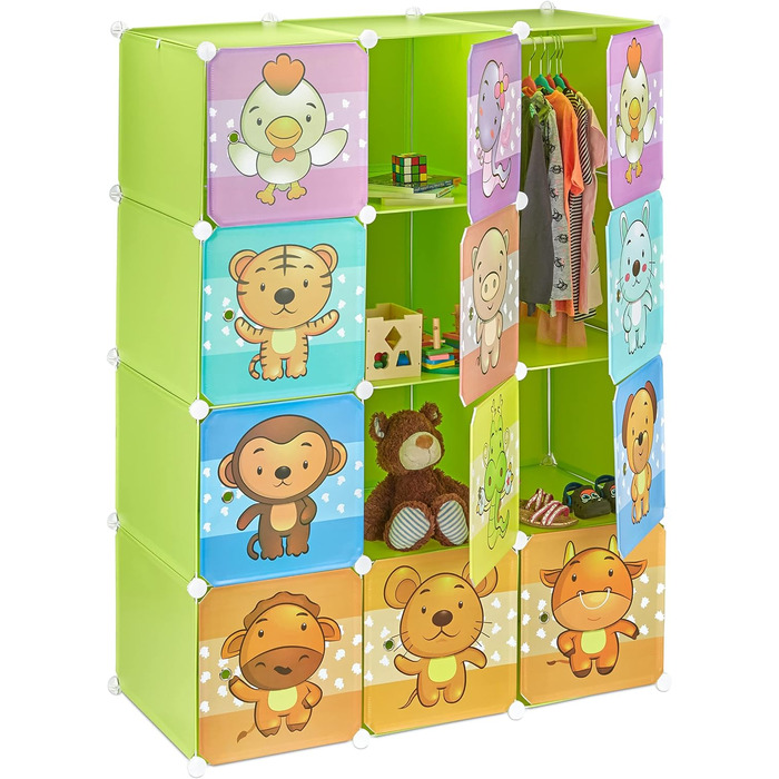 Relaxdays,  Steckregal Kinderzimmer, Tiermotive, Jungen, Türen, Kleiderstangen, Kunststoff Kleiderschrank, 145x110cm, 60%, Standard (Grün)