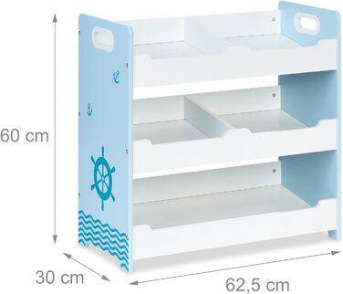 Relaxdays Kinderregal, HBT: 60 x 62,5 x 30 cm, 5 Fächer, MDF, Aufbewahrungsregal Kinderzimmer, Spielzeugregal, weiß/blau, L, Large
