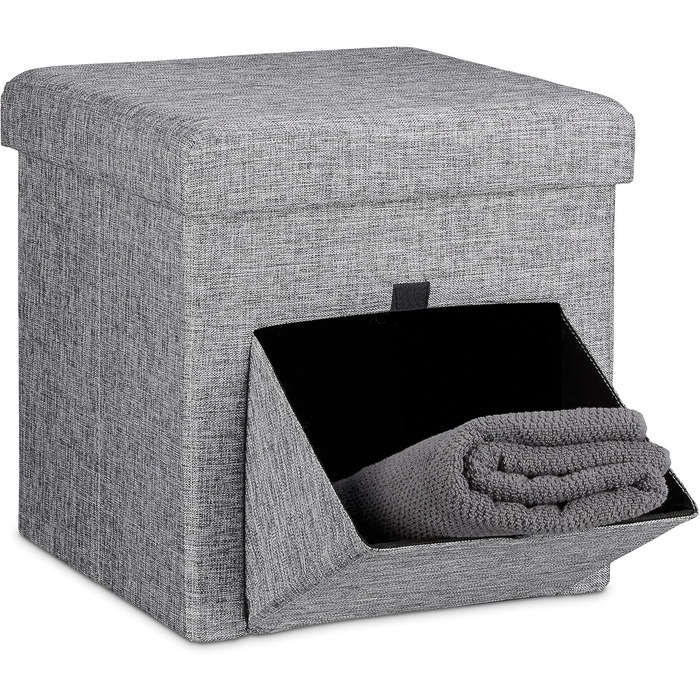 Relaxdays Faltbarer Sitzhocker, Leinen, Aufbewahrungsbox, abnehmbarer Deckel, 38x38x38 cm, grau