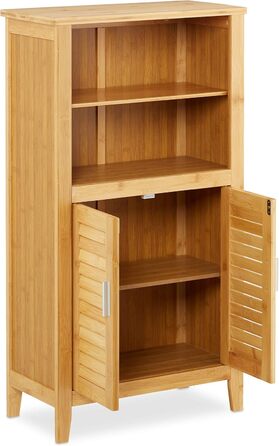 Relaxdays Badezimmerschrank Bambus, HBT: 92x50x25 cm, Badschrank mit Lamellentüren, natur, 1 Stück