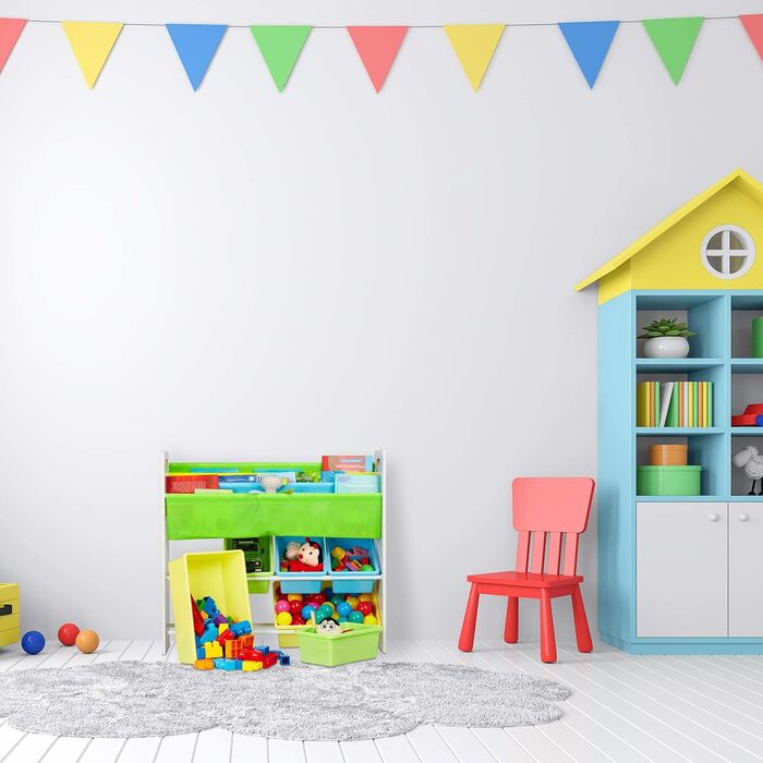 Relaxdays Kinderregal, 6 Boxen, 4 Stofffächer, Lagerfeuer Kindermotiv, Spielzeugregal HxBxT: 78 x 86 x 26,5 cm, bunt, 1 Stück