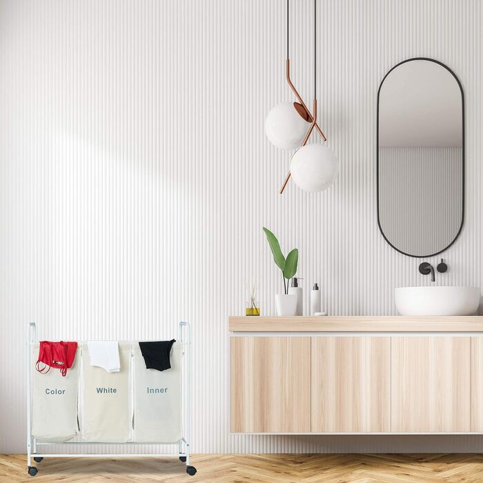 Relaxdays Wäschesortierer, 3 beschriftete Fächer, Rollen zum Feststellen, Volumen 100 Liter, HxBxT 76 x 80 x 46cm, beige, 1 Stück