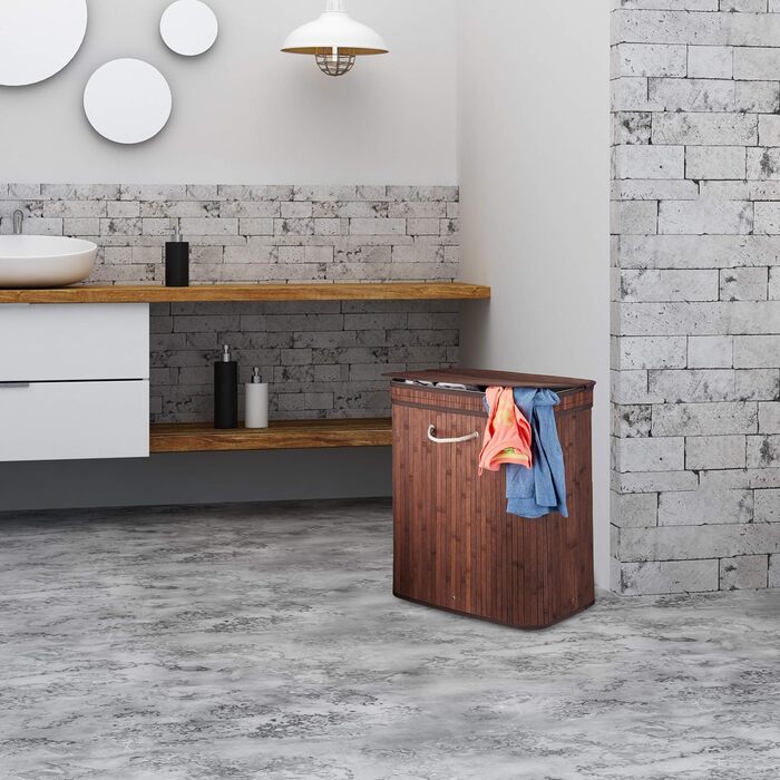 Relaxdays Wäschekorb Bambus, rechteckiger Wäschesortierer, 2 Fächer, klappbar, 95 l, (Braun)