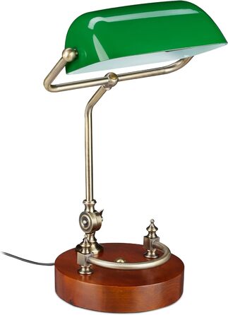 Relaxdays Bankerlampe, neigbarer Glasschirm, Holzfuß, E27-Fassung, Schreibtischlampe Retro, Bibliothekslampe, grün-braun, 42 x 26 x 25 cm
