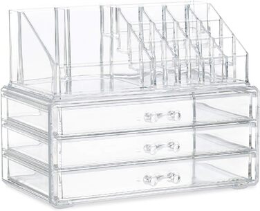 Relaxdays Make Up Organizer klein, 2-teilige Schminkaufbewahrung mit Schubladen, stapelbares Kosmetikregal,  1 Stück (Transparent)