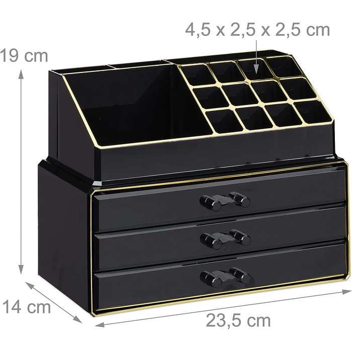 Relaxdays Make Up Organizer klein, 2-teilige Schminkaufbewahrung mit Schubladen, stapelbares Kosmetikregal, schwarz/Gold, 1 Stück