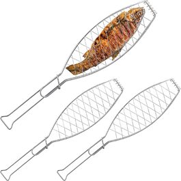 Relaxdays Fischbräter 3er Set, Edelstahl, mit Griff, 54 cm lang, Fischhalter zum Grillen, Grillguthalter Fisch, Silber