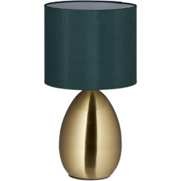 Relaxdays Nachttischlampe mit Touch, moderne Tischlampe, HxD: 34x18 cm, E14, Tischlampe mit Stoffschirm, gold/dunkelgrün