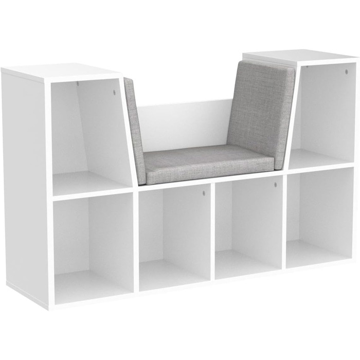 Relaxdays Bücherregal mit Sitzkissen, Kinderregal mit 6 Fächern, 63x103x30 cm, gepolstert, Sitzbank Kinderzimmer, weiß