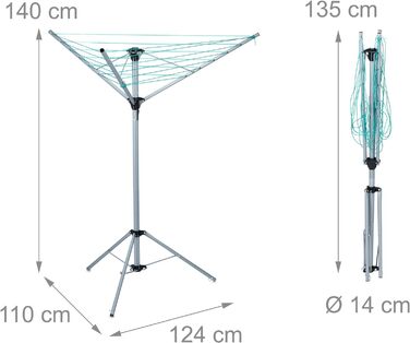 Relaxdays Wäschespinne, 15 m Leine, für Garten & Camping, klappbar, mit Standfuß, Balkon Wäscheschirm H: 140 cm, Silber