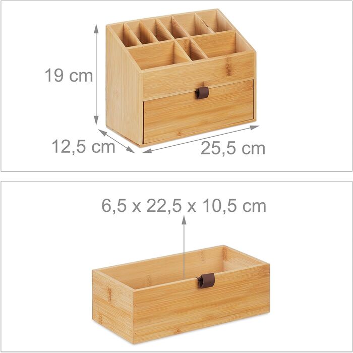 Relaxdays Kosmetik, Make up Organizer mit Schublade, Pinselhalter, Bambus, HxBxT: 19 x 25,5 x 12,5 cm, Natur