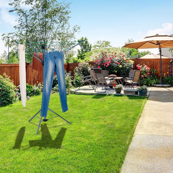 Relaxdays Wäschespinne, 15 m Leine, für Garten & Camping, klappbar, mit Standfuß, Balkon Wäscheschirm H: 140 cm, Silber