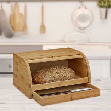 Relaxdays Rollbrotkasten mit Schublade Bambus