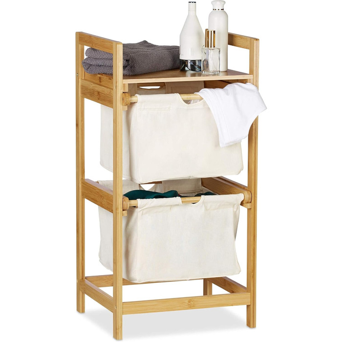 Relaxdays Wäschekorb Bambus, Wäschesortierer mit Ablage, 2 Schubladen, ausziehbar & tragbar, Wäschesammler 25 L, Natur, 1 Stück