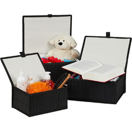 Relaxdays Aufbewahrungskorb 3er Set, Deckel & Stoffeinsatz, Bambuskorb, dekorative Aufbewahrungsbox, 3 Größen, schwarz