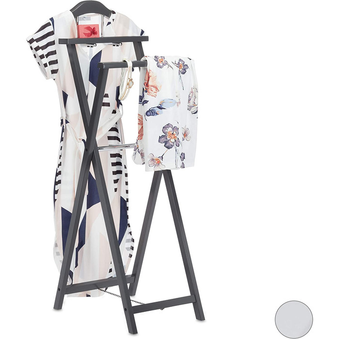 Relaxdays, grau Herrendiener klappbar, Kleiderbutler f. Jacket u. Hosen, m. Ablage, f. Damen, Stummer Diener, MDF Holz, Stand