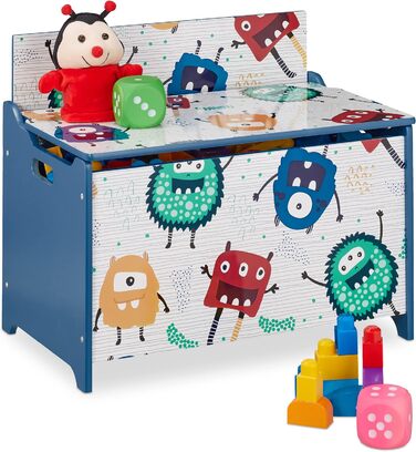 Relaxdays Spielzeugtruhe, Monster-Design, Spielzeugkiste mit Deckel, HBT: 50x60x36,5 cm, MDF, Spielzeugbox, blau/weiß