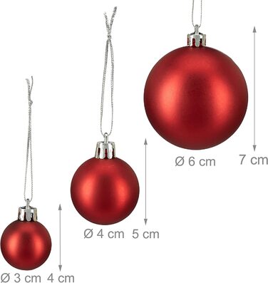 Relaxdays Weihnachtskugeln, 100er Set, Weihnachtsdeko, matt, glänzend, glitzernd, Christbaumkugel ∅ 3, 4 & 6 cm, (Rot)