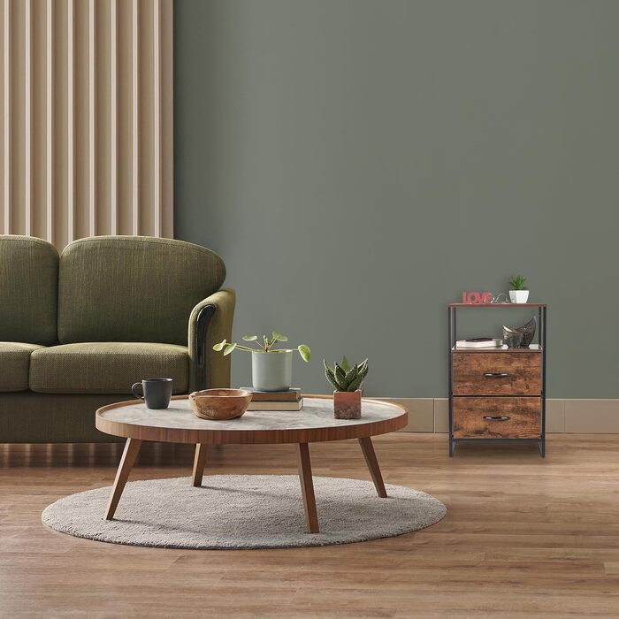 Relaxdays Nachttisch Industrial, 2 Ablagen, 2 Schubladen, Holzoptik, 70x45x40 cm, schwarz/braun