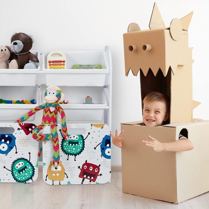 Relaxdays Kinderregal mit 6 Boxen, Monster-Design, 2 Kisten mit Rollen, HBT: 80,5x82,5x30 cm, Regal für Spielzeug, weiß, 10037512_0