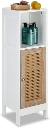 Relaxdays Badezimmerschrank, 3 Fächer, 96,5x30x30 cm, schmal, Rattan-Tür, weiß/Natur