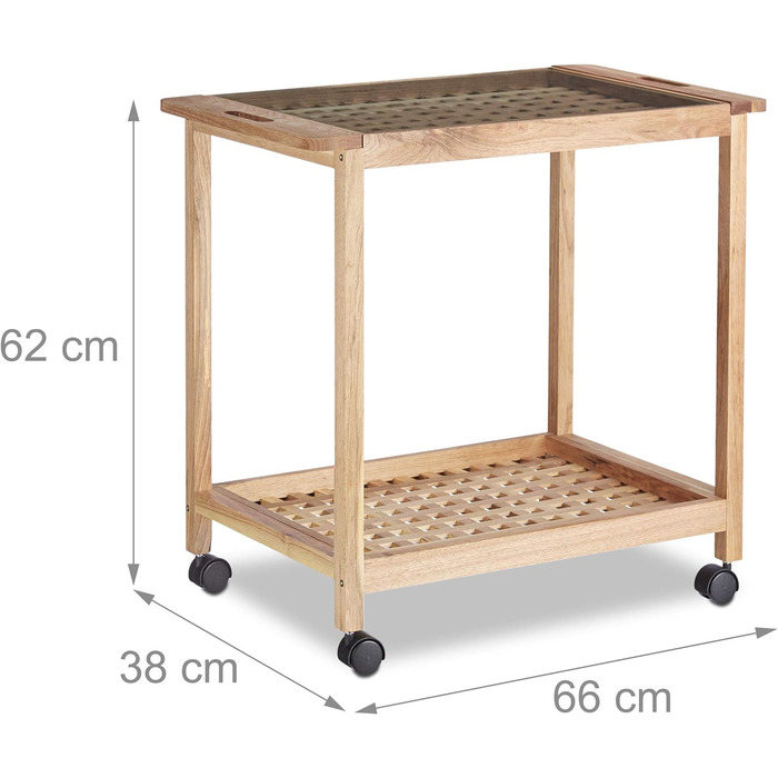 Relaxdays Küchenwagen auf Rollen, Holz Servierwagen mit Glasplatte, 2 Etagen, 62x66x38 cm, natur