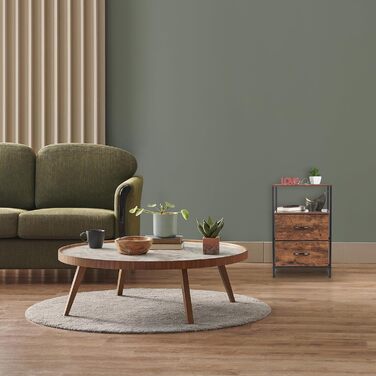 Relaxdays Nachttisch Industrial, 2 Ablagen, 2 Schubladen, Holzoptik, 70x45x40 cm, schwarz/braun