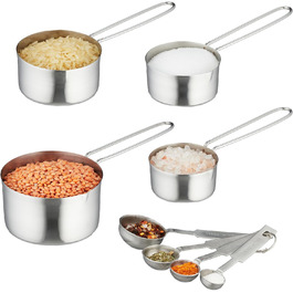 Relaxdays Messbecher & Löffel Set, 8-teilig, Edelstahl, US & ml, Portionierlöffel, Silber