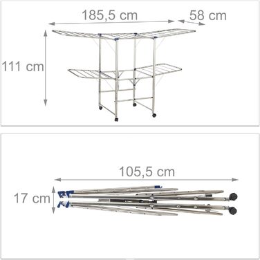 Relaxdays, Silber Wäscheständer XXL, Standtrockner, Türmständer mit Flügeln und Rollen, faltbar, HBT 111 x 185,5 x 53 cm, 80% Edelstahl