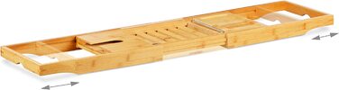 Relaxdays Badewannenablage Bambus mit Buchstütze HxBxT 17,5 x 70 x 22 cm, Weinglashalter, Badewannenbrett, Ablage, natur