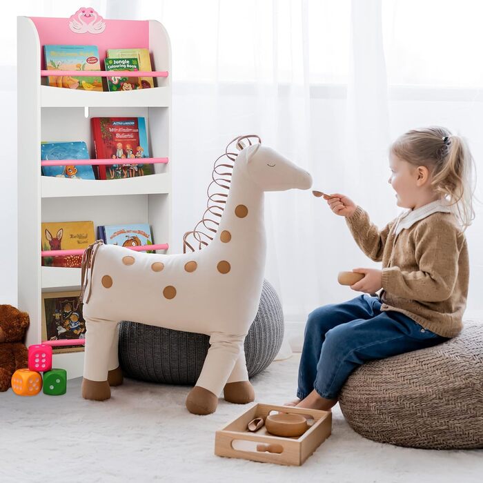 Relaxdays Bücherregal Kinder, HxBxT: 124 x 50,5 x 15 cm, 4 Fächer, MDF, Kinderbücherregal mit Schwan-Motiv, weiß/rosa