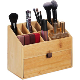 Relaxdays Kosmetik, Make up Organizer mit Schublade, Pinselhalter, Bambus, HxBxT: 19 x 25,5 x 12,5 cm, Natur