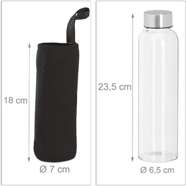 Relaxdays 6er Set Trinkflasche Glas, Wasserflasche mit Hülle, 500ml, spülmaschinenfest, wasserdicht, transparent/schwarz