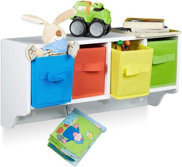 Relaxdays Kinder Wandregal ALBUS, Wandgarderobe mit 4 Kleiderhaken, Kinderregal mit 4 bunte Faltboxen, HBT: ca. 28 x 61 x 16 cm, weiß 16 x 61 x 28 cm