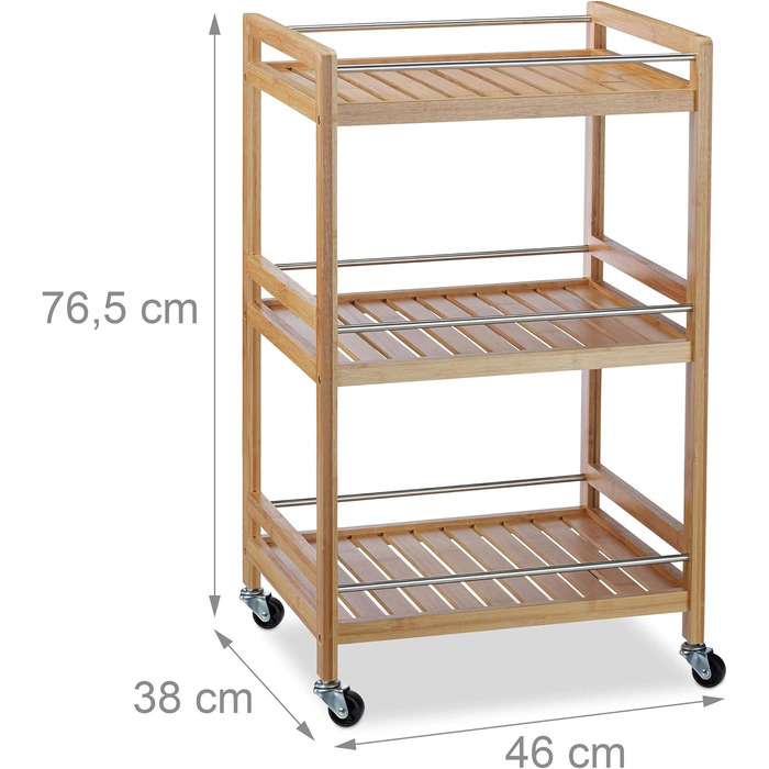 Relaxdays Servierwagen Bambus, 3 Ablagen, 360° Rollen, Edelstahl-Stangen, HBT: 76,5x46x38 cm