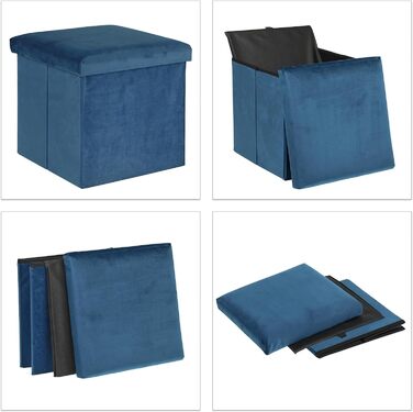 Relaxdays Sitzhocker, faltbar, 38x38x38 cm, Stauraum, MDF & Samt, blau