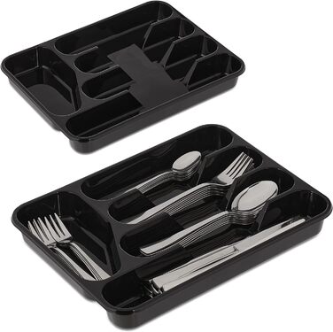 Relaxdays Besteckkasten, 2er Set, 5 Fächer, Kunststoff, schwarz (24,5x32,5 cm)