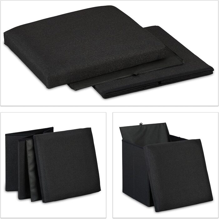 Relaxdays faltbarer Sitzhocker mit Stauraum, gepolstert, eckig, Stoff, 37x37,5x37,5 cm, schwarz