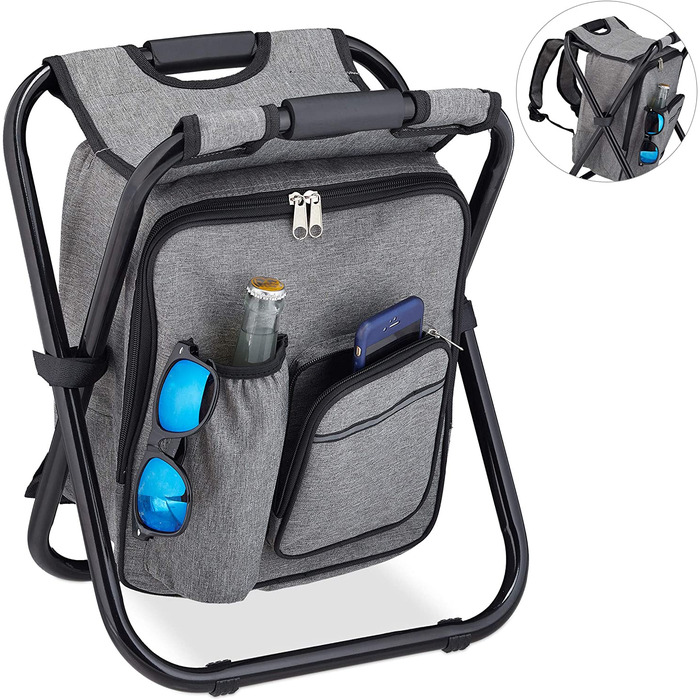 Relaxdays Campinghocker mit Tasche, klappbar, tragbar, leicht & stabil, Sitzrucksack, Polyester, HBT: 43x35x29 cm, grau