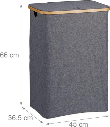 Relaxdays Wäschekorb mit Deckel, 130 l, Wäschesammler Bambus & Polyester, tragbar, atmungsaktiver Wäschesack,  90 10, (66 x 45 x 36.5 cm, Grau/Natur)