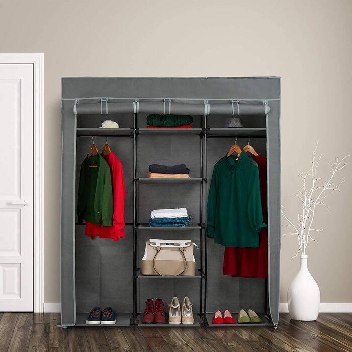 Relaxdays Stoffschrank mit Kleiderstange & 9 Ablagen, HxBxT: 172x147x43cm, Kleiderschrank mit Reißverschluss, anthrazit