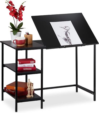 Relaxdays Schreibtisch neigbar, 3 Ablagen, mehrere Winkel, Computer- & Arbeitstisch, HxBxT: 75 x 110 x 55 cm, (Schwarz)