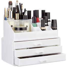 Relaxdays 1 x Make Up Organizer klein, 2-teilige Schminkaufbewahrung mit 3 Schubladen, stapelbares Kosmetikregal, weiß 1 Weiß 19 x 23.5 x 14 cm