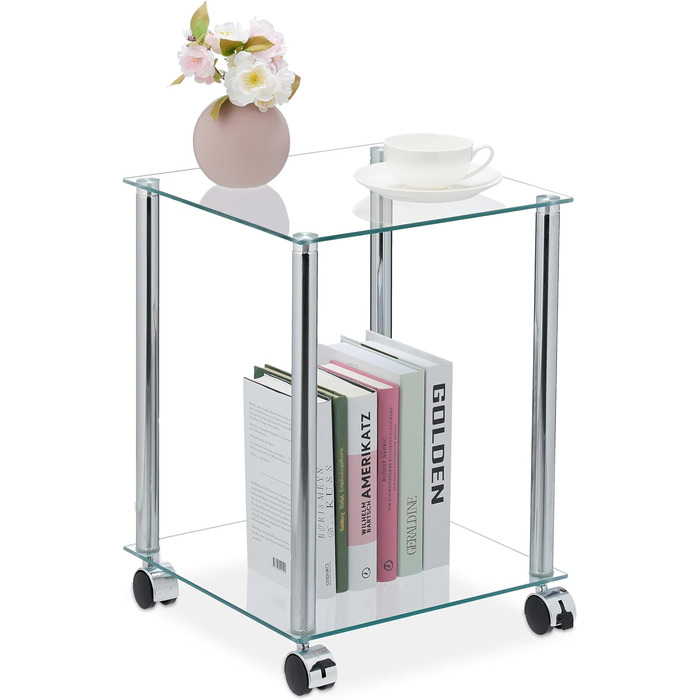 Relaxdays Beistelltisch mit Rollen, 2 Ablagen, eckig, Wohnzimmer, Glas & Stahl, mobiler Couchtisch, transparent/silber