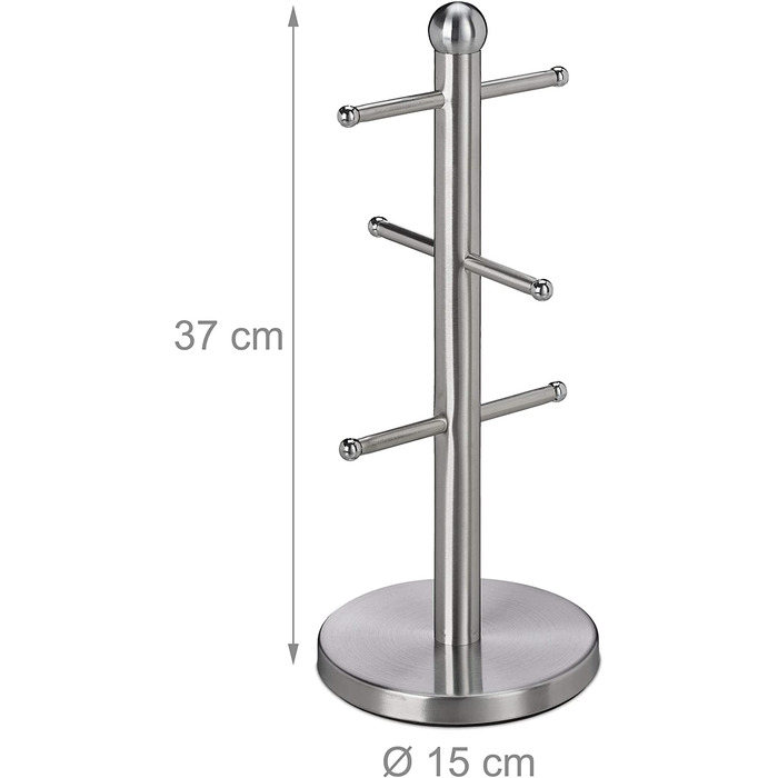 Relaxdays Tassenhalter, mit 6 Stangen, zum Hinstellen, Edelstahl, für Kaffeebecher, Küche, runder Tassenbaum, silber