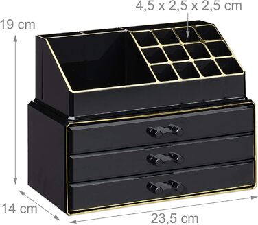 Relaxdays Make Up Organizer klein, 2-teilige Schminkaufbewahrung mit Schubladen, stapelbares Kosmetikregal, schwarz/Gold, 1 Stück