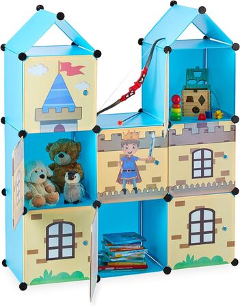Relaxdays Steckregal Kinderzimmer, coole Ritterburg, Kunststoff, Kinderschrank mit Türen, HxBxT: 128 x 110 x 37 cm, bunt