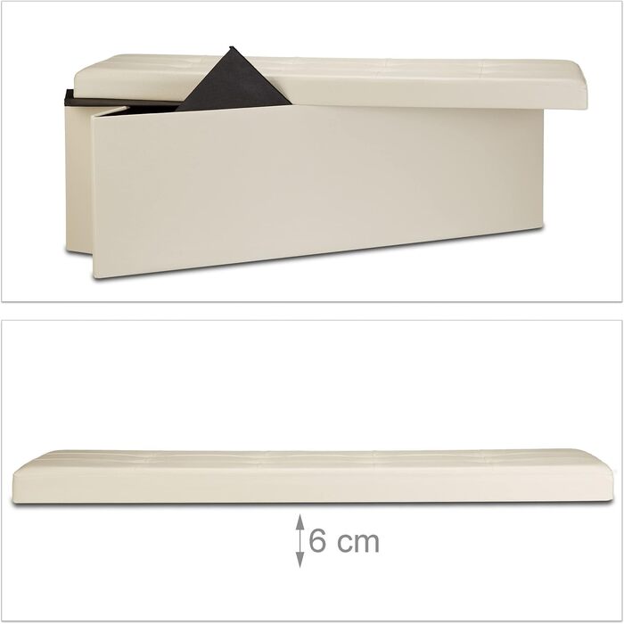 Relaxdays Faltbare Sitzbank XL Kunstleder, 38x114x38 cm, Sitztruhe mit Stauraum, Creme
